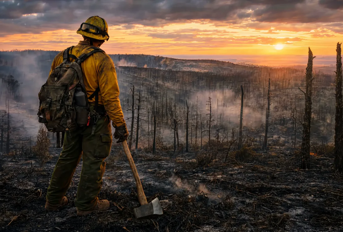 A wildland firefighter surveys a vast burned forest at sunset while holding a Pulaski axe.
