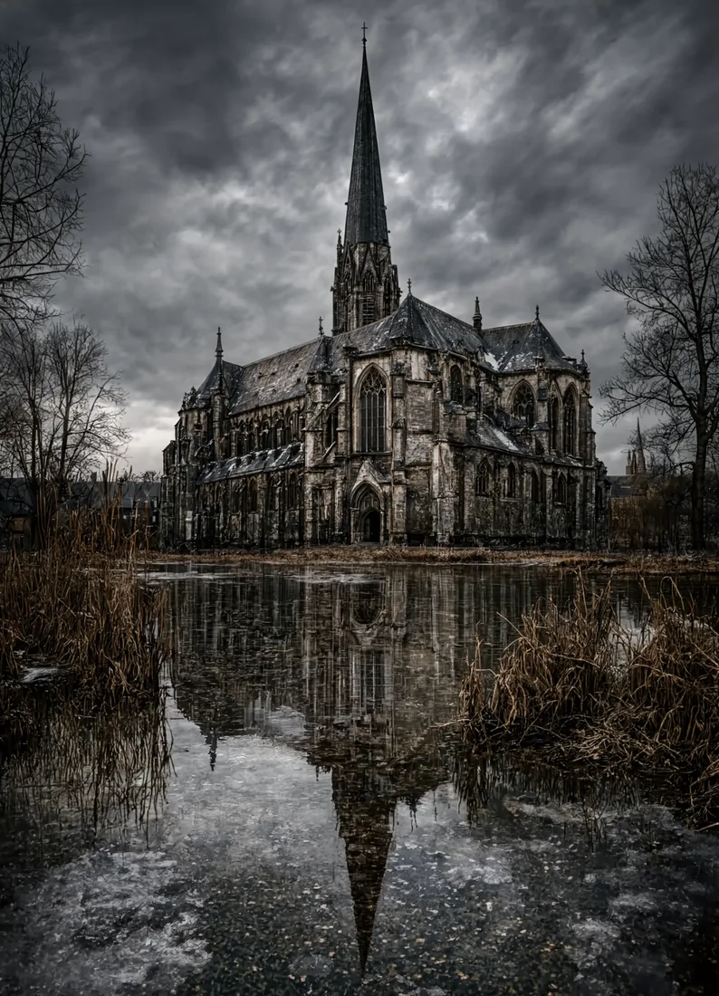 A weathered Gothic cathedral stands beneath storm clouds with its spire reflected in dark winter water.