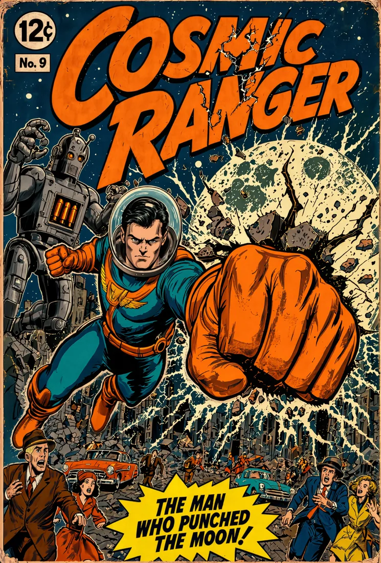 A weathered retro comic-book cover titled Cosmic Ranger, showing a space hero punching toward the viewer.