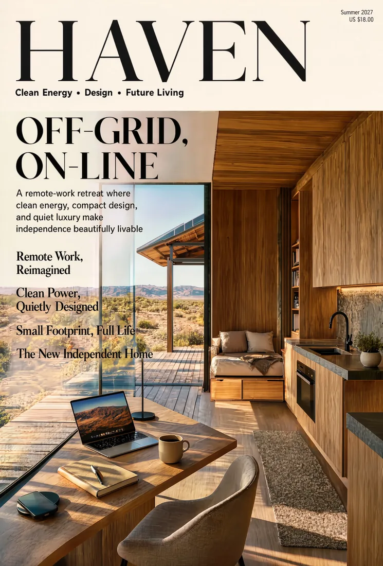 A clean-energy lifestyle magazine cover featuring a warm timber remote-work retreat in the desert.