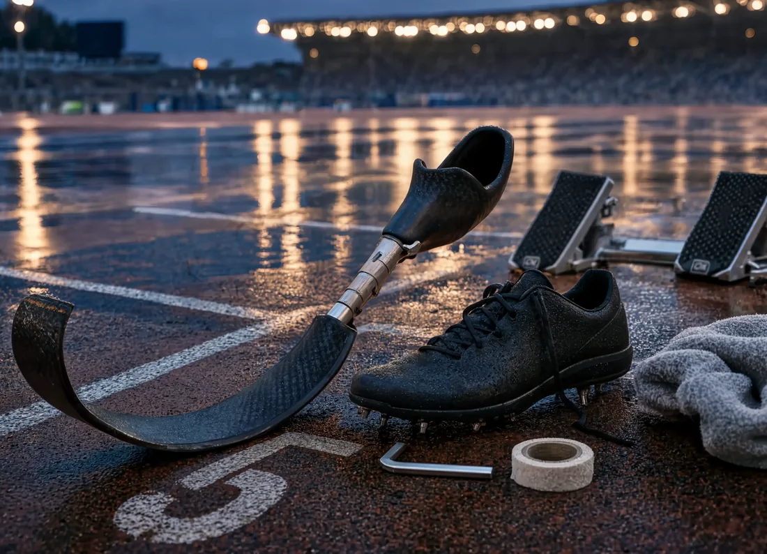 A carbon-fiber running blade, prosthetic socket, sprint spikes, starting blocks, and tape rest on a wet track at dusk.