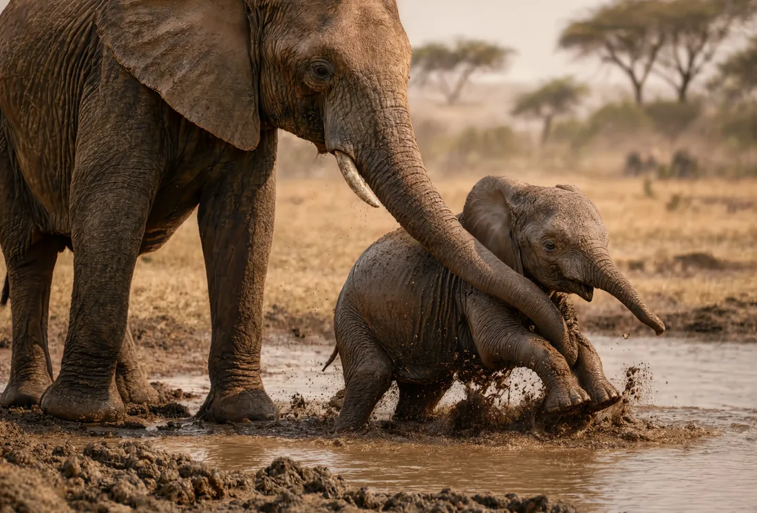 An adult elephant uses her trunk to steady a calf slipping in a muddy watering hole.