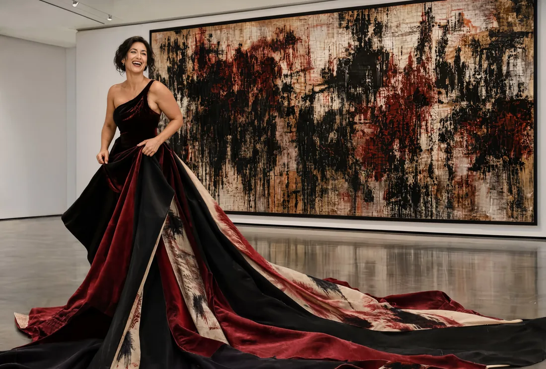 Couture editorial portrait inside a contemporary museum