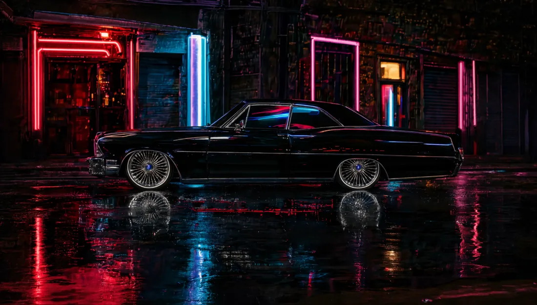 A black classic lowrider parked on a rain-slick street beneath red, cyan, and magenta neon lights.
