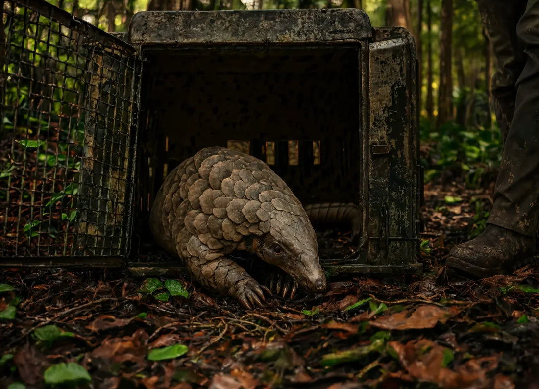 A rescued pangolin cautiously emerges from a transport crate onto the forest floor.
