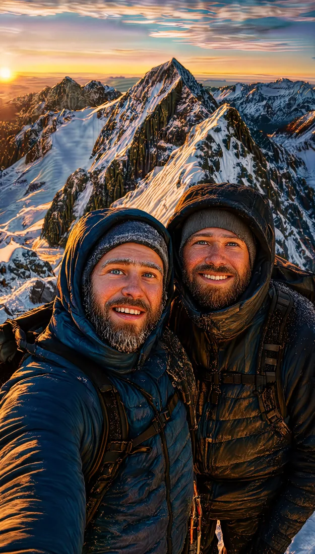Two frost-covered mountaineers smile for a summit selfie above snowy peaks at sunrise.