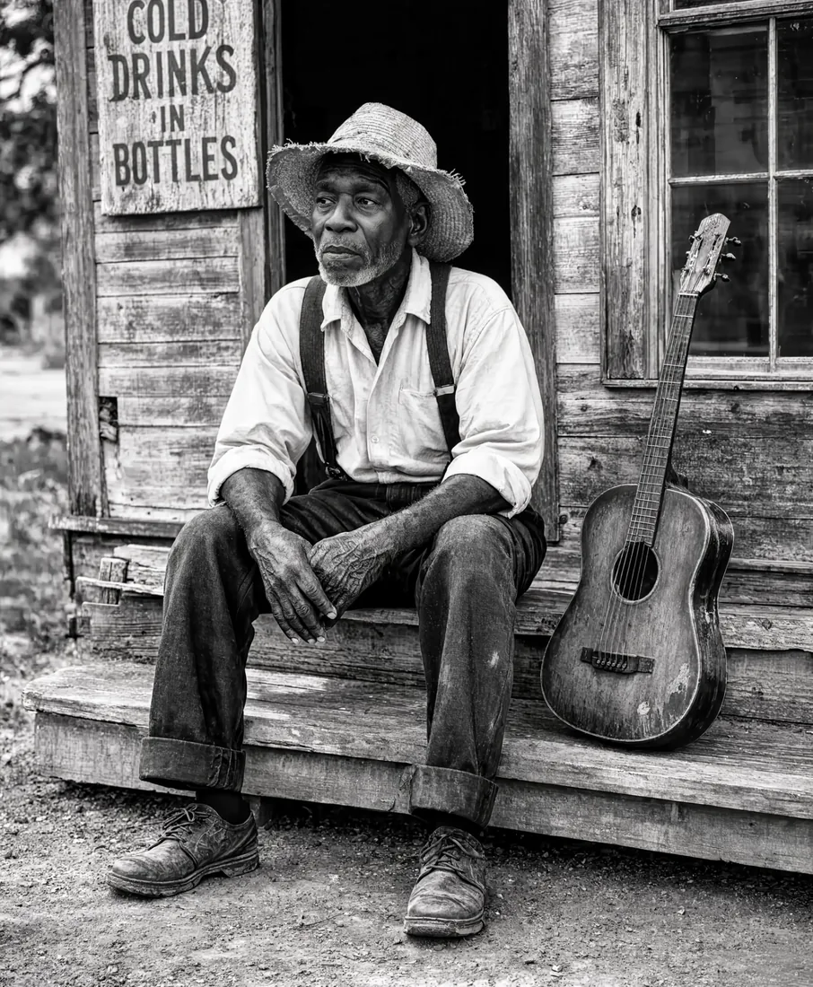 A black-and-white portrait of an older blues musician seated beside a worn acoustic guitar on a wooden porch.