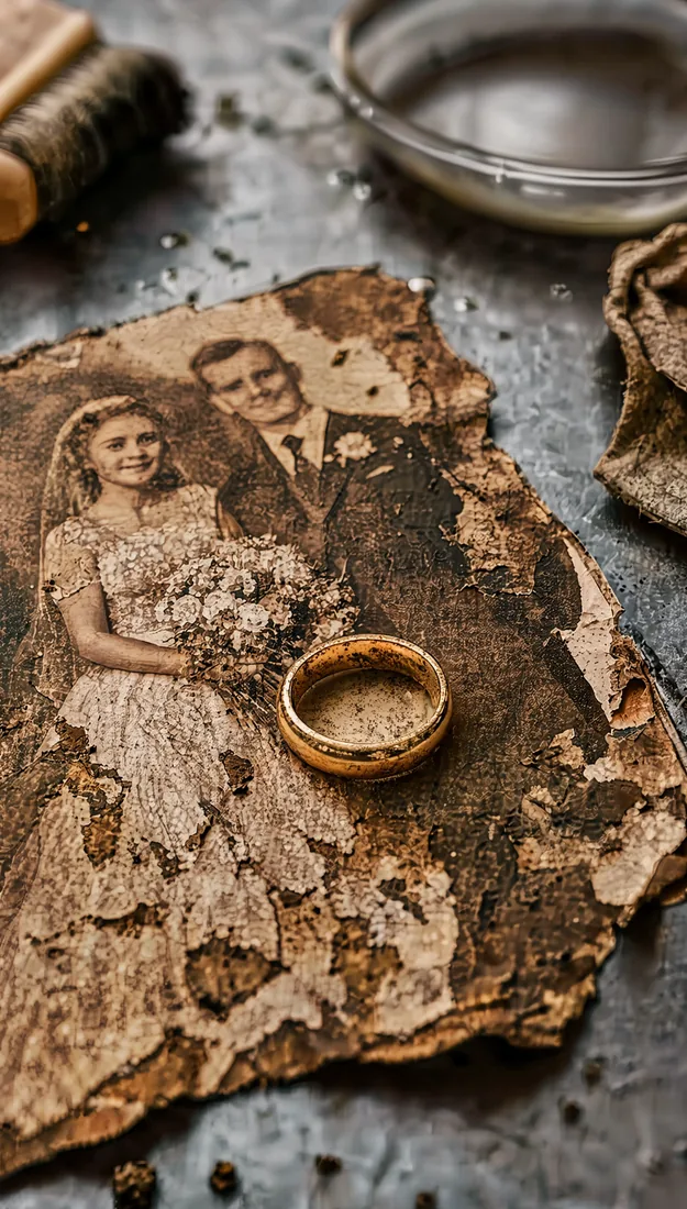 A weathered wedding photograph and old gold ring lie on a restoration workbench.