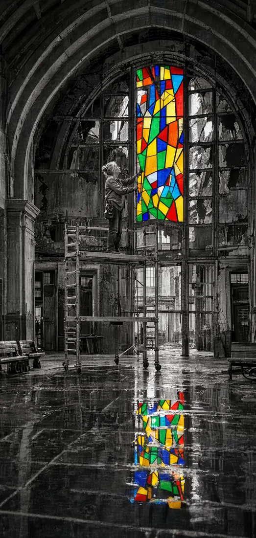 A conservator installs a vivid stained-glass panel inside a dark, damaged cathedral reflected in a wet floor.